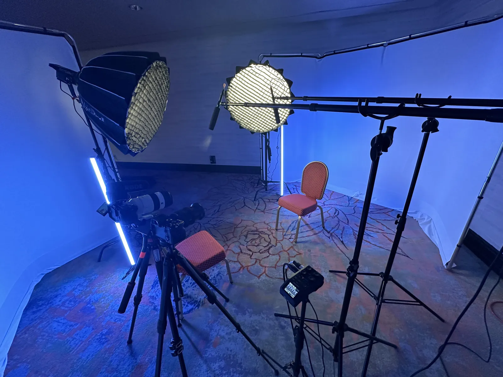 A calm single-camera studio set, lit and ready